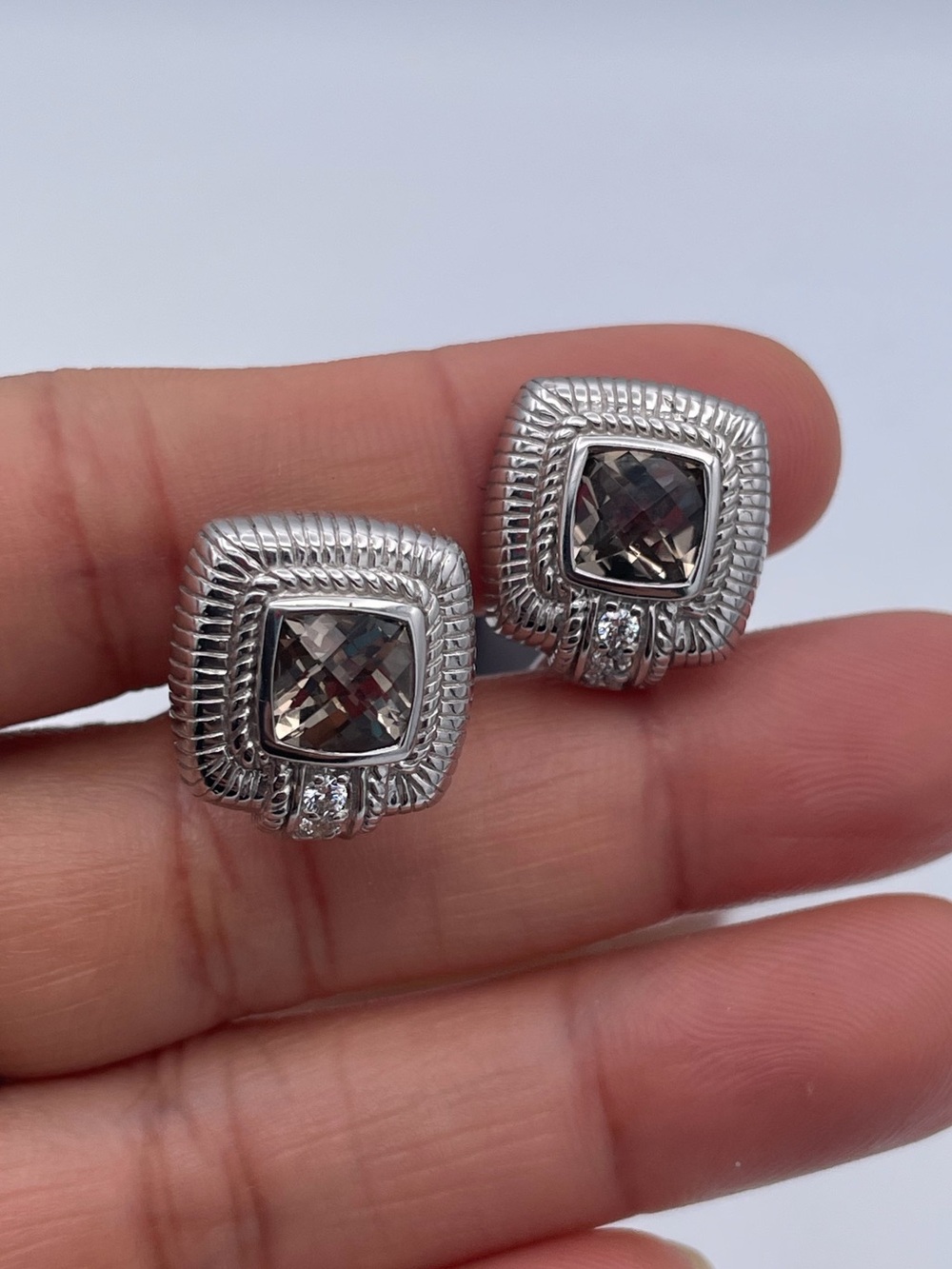 Judith Ripka 925 Sterling Silver Natural Smoky Quartz CZ Omega Earrings READ - Picture 2 of 8